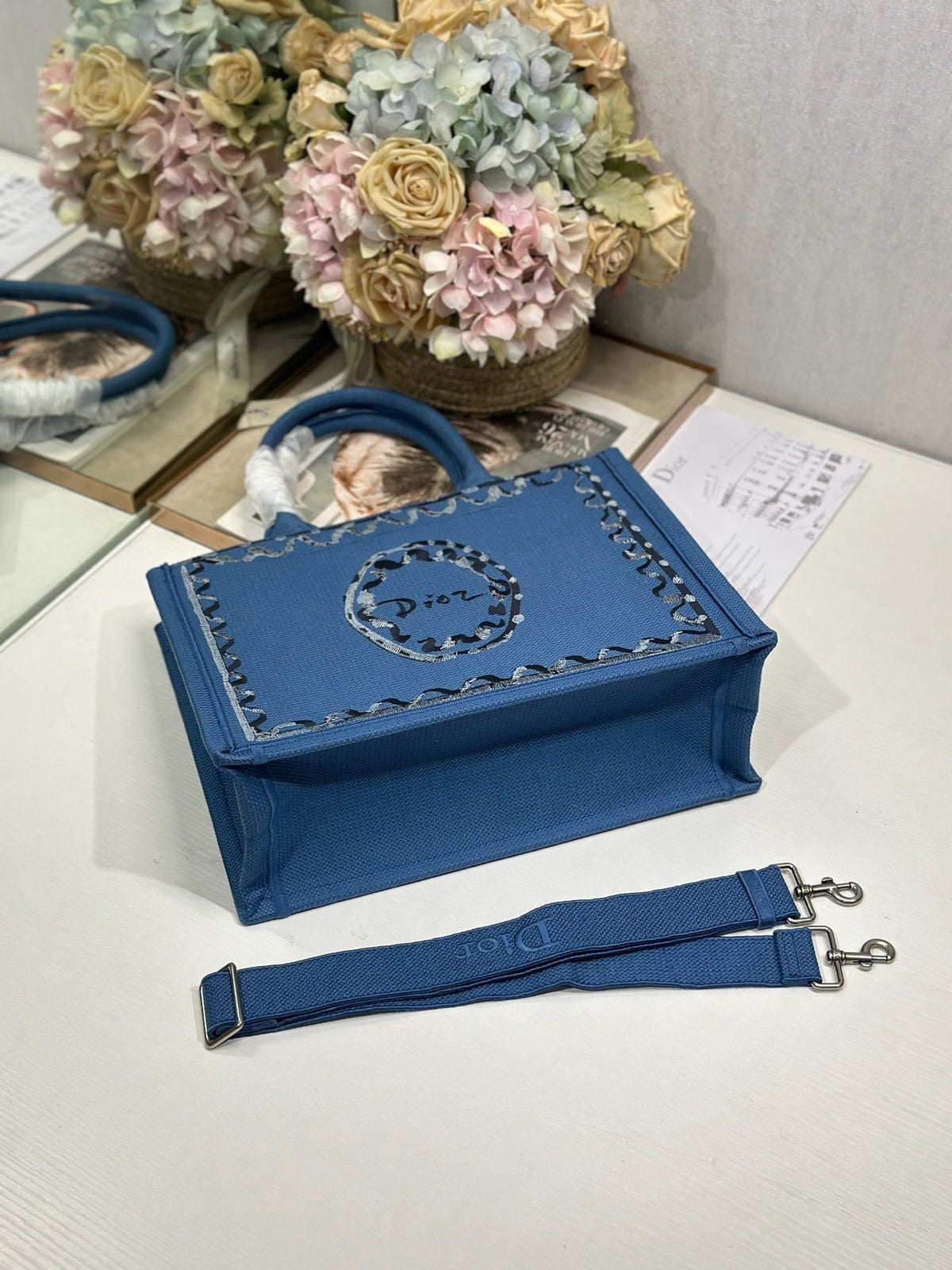 CD Medium Dioriviera Book Tote Blue Embroidered Canvas 158042