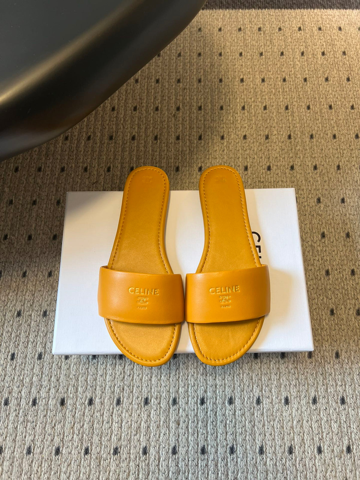 Celine 26 Flat Mule Slippers Mustard Yellow Sheepskin 621529