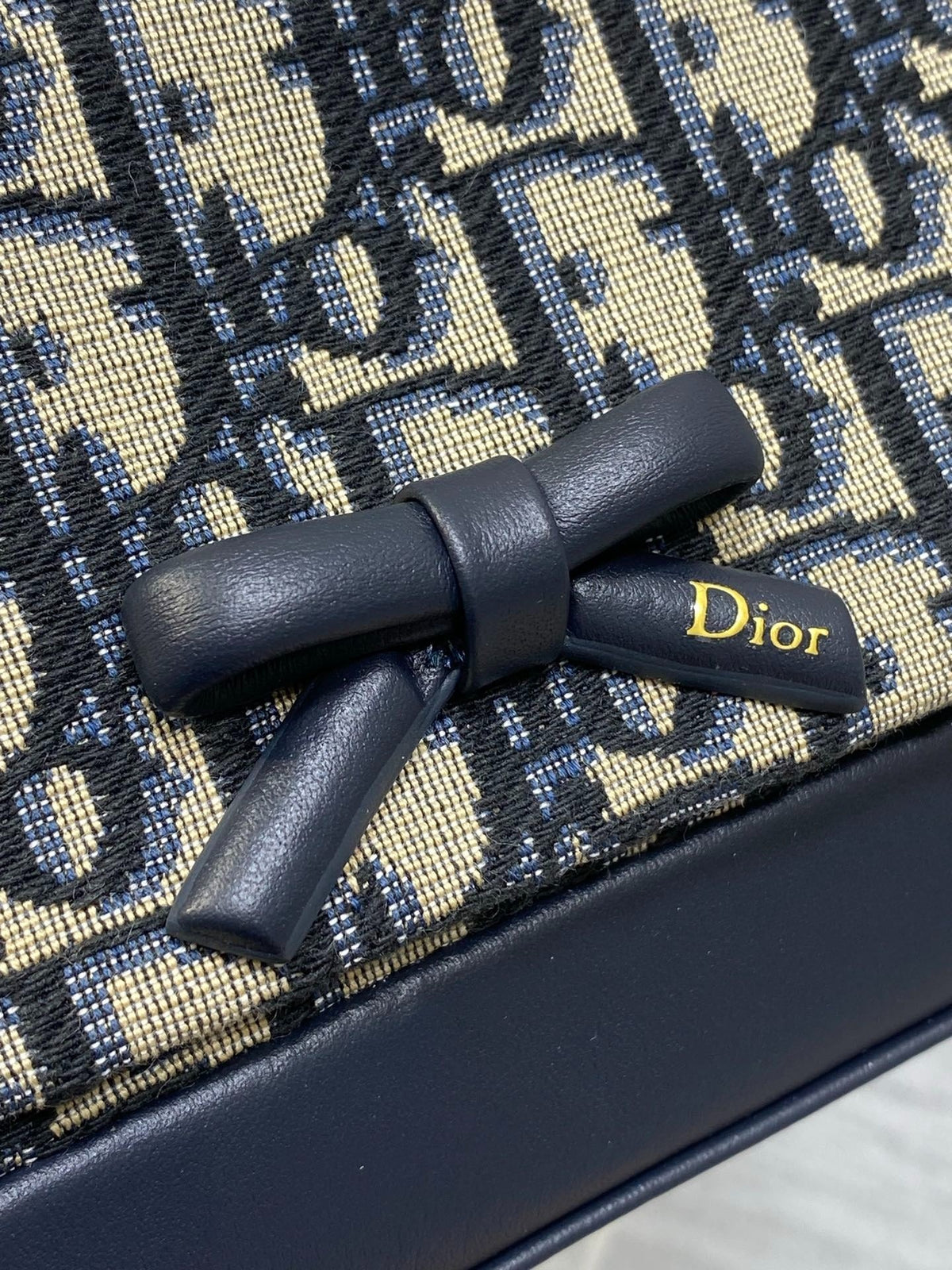 Dior 2026 Oblique Bow Bag 21cm Blue Beige Fabric Leather 378809