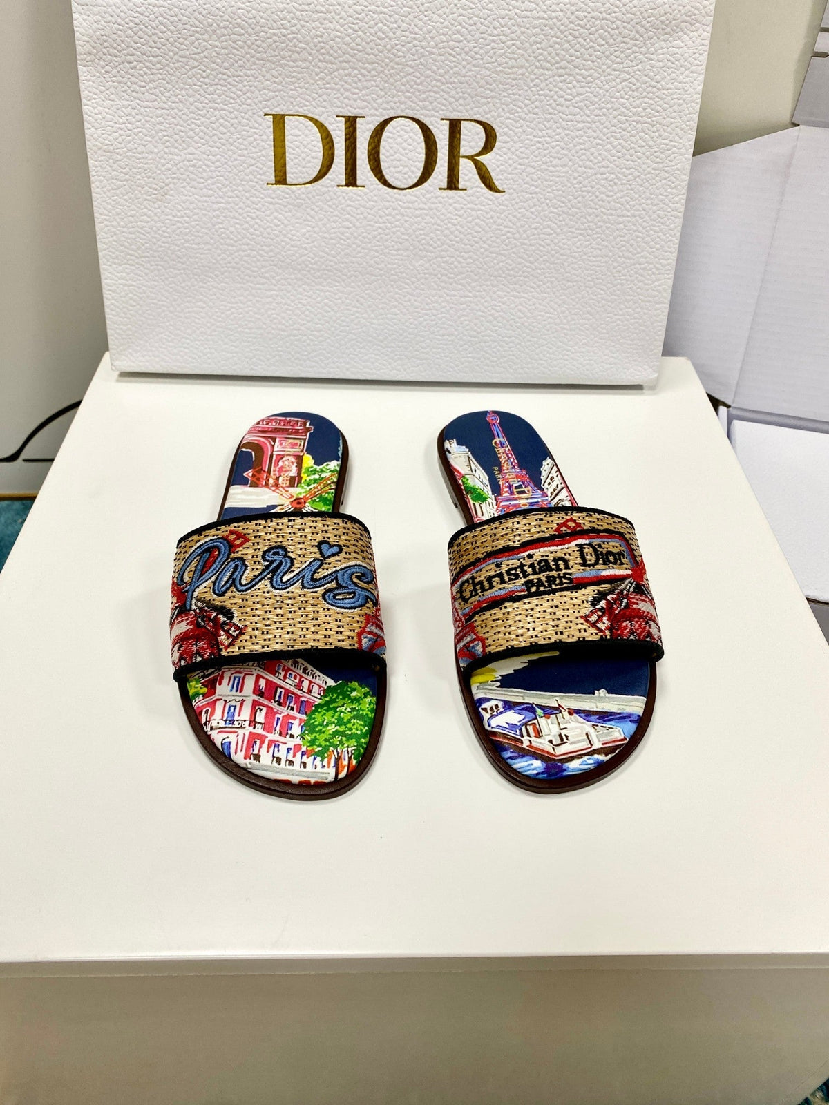 CD 26s Embroidered Sandals Beige Multicolor Canvas Leather 683009