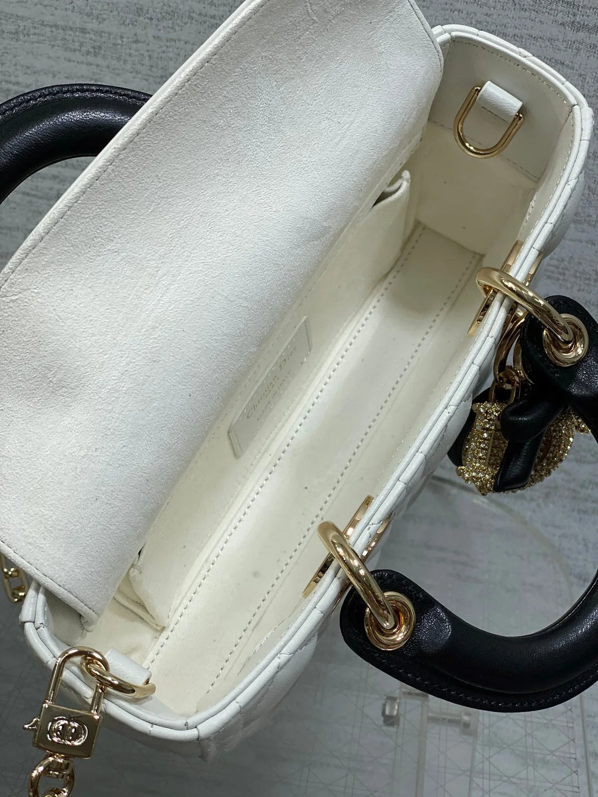 Dior 2026 Lady Bow D-Joy Bag White Black Lambskin With Diamond Hardware 284141