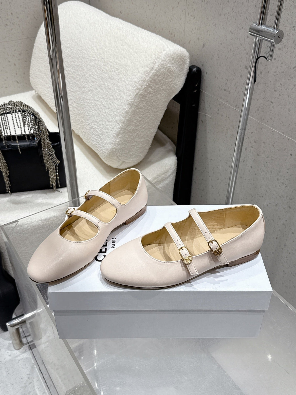 Celine 26 Ballet Flats Light Beige Cowhide 608055