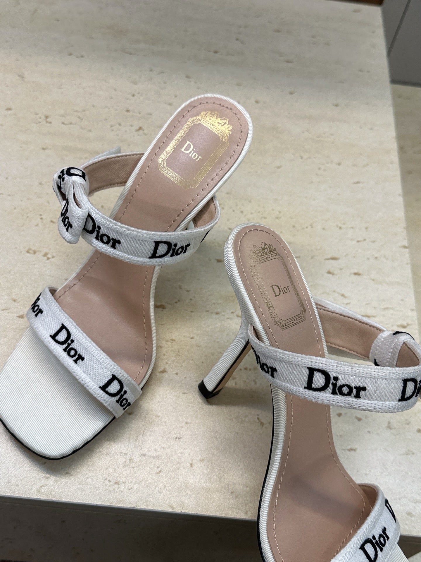 CD 26s Heeled Sandal 10cm White Beige Leather Fabric 633071