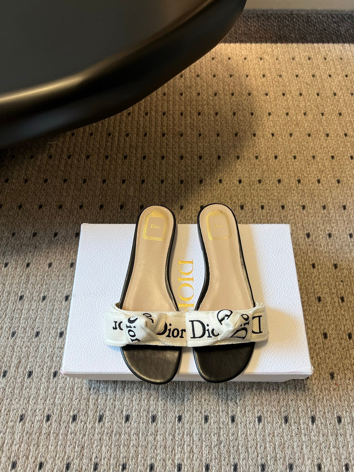 CD 26SS Letter Webbing Flat Sandals Black White in Fabric 789472
