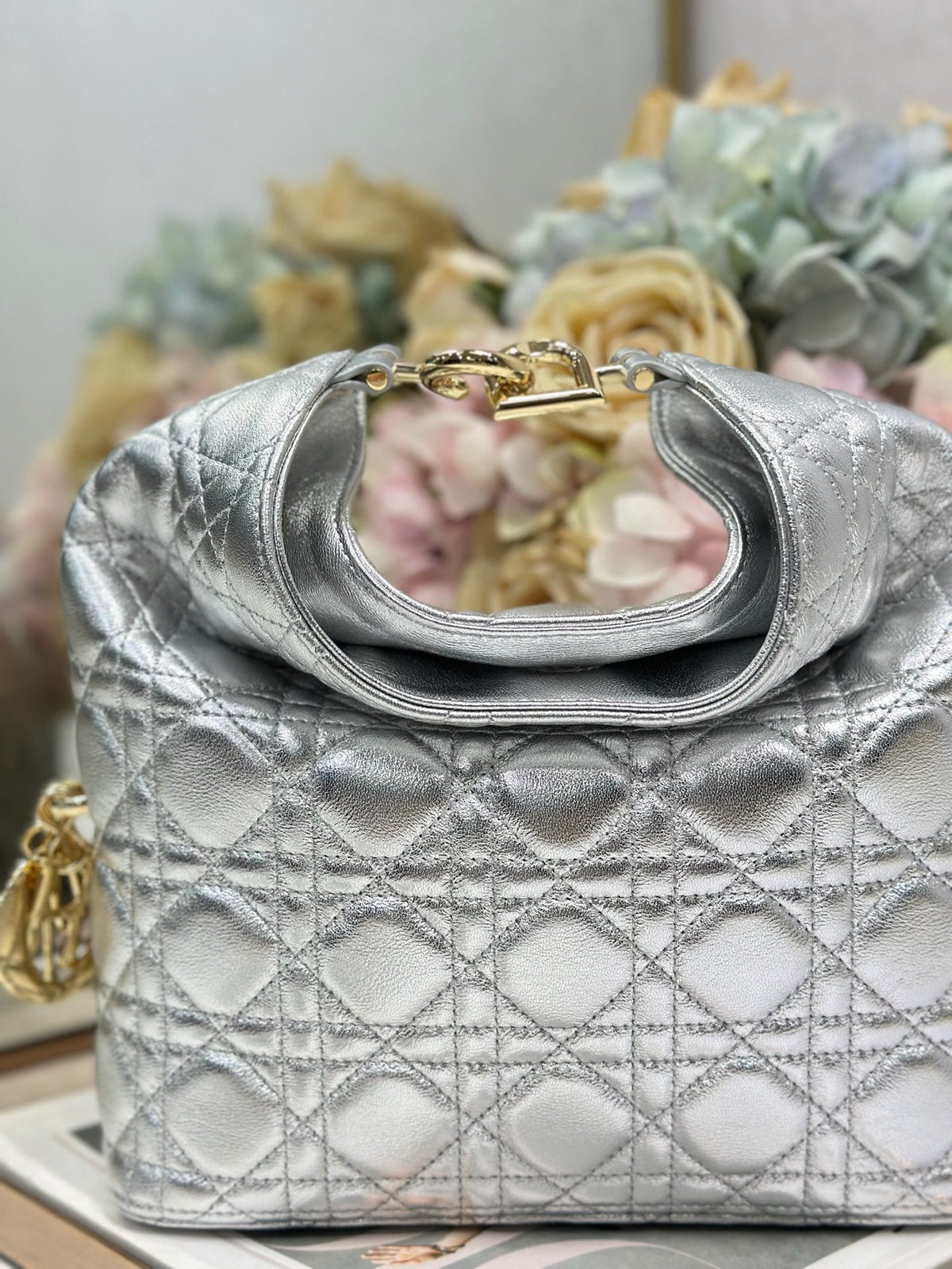 CD Lady Dior Shoulder Bag 27cm Silver Metallic in Sheepskin 155562
