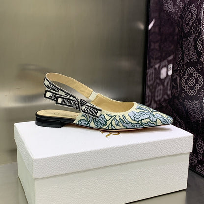 JAdior Slingback Flat Duck Blue Embroidered Cotton with Gold-Tone Metallic Thread