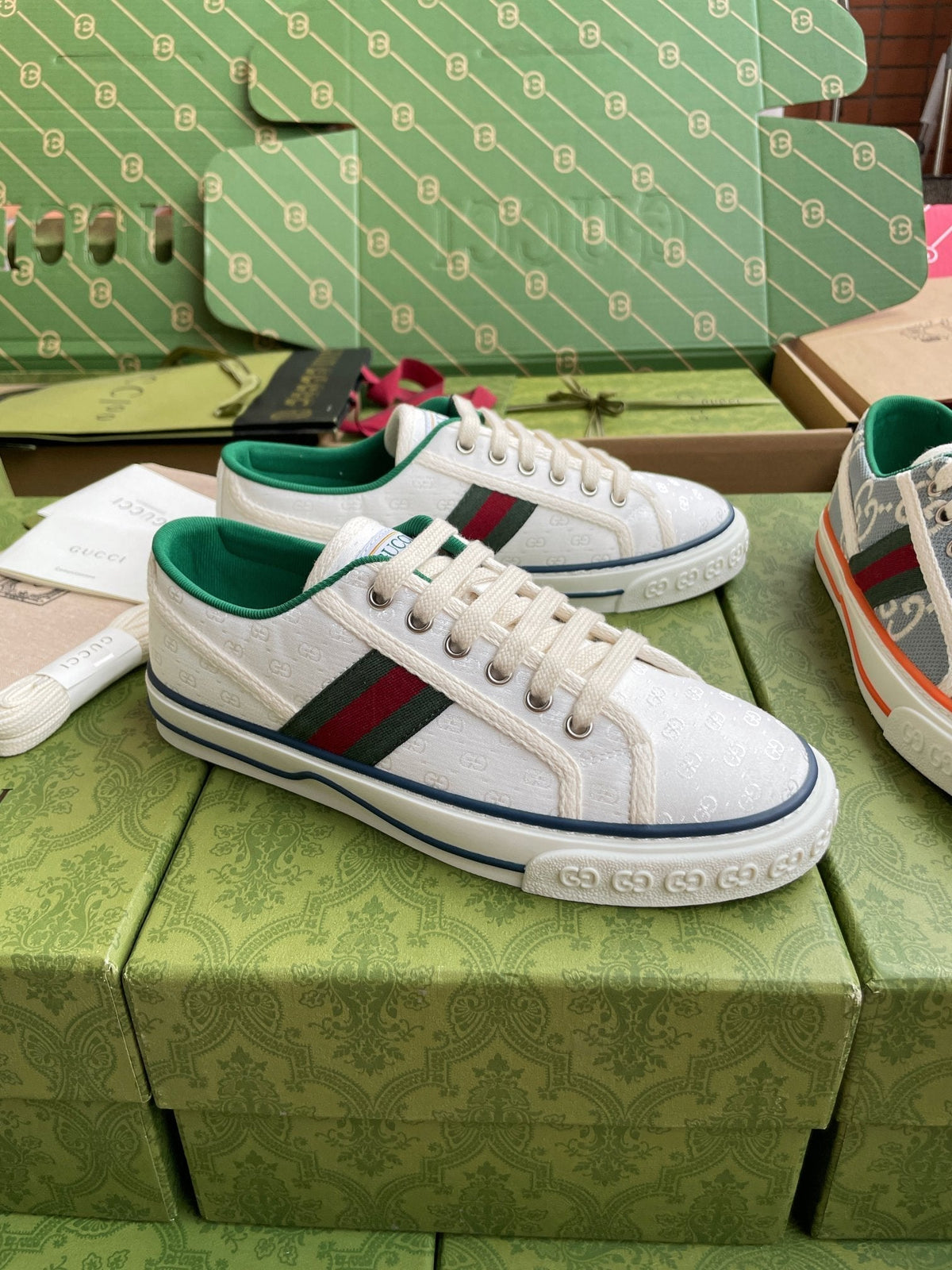 GG 26 Platform Sneaker White Green Monogram Canvas 632829