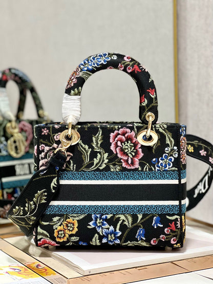 CD Flower Black Lady Dior Bag Canvas 336670