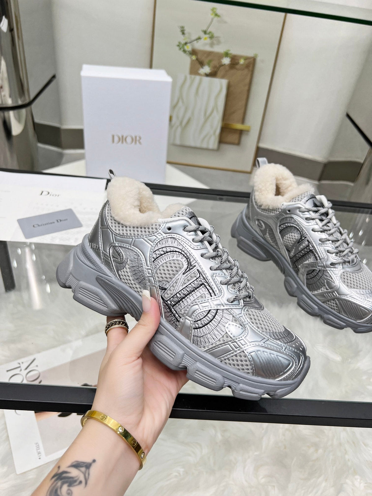 CD Chrono Sneaker Grey Wool Lining Mesh Fabric And Calfskin