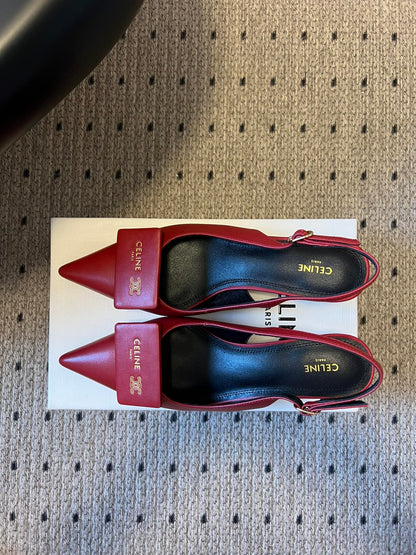 Celine 26  Pointed-Toe Slingback Red Sheepskin 619635