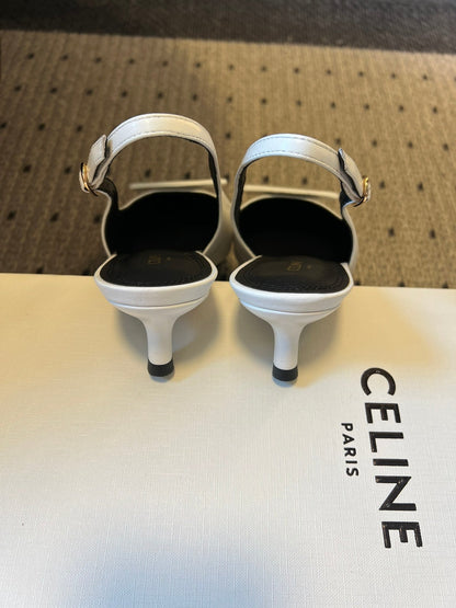 Celine 26  Pointed-Toe Slingback White Sheepskin 619636