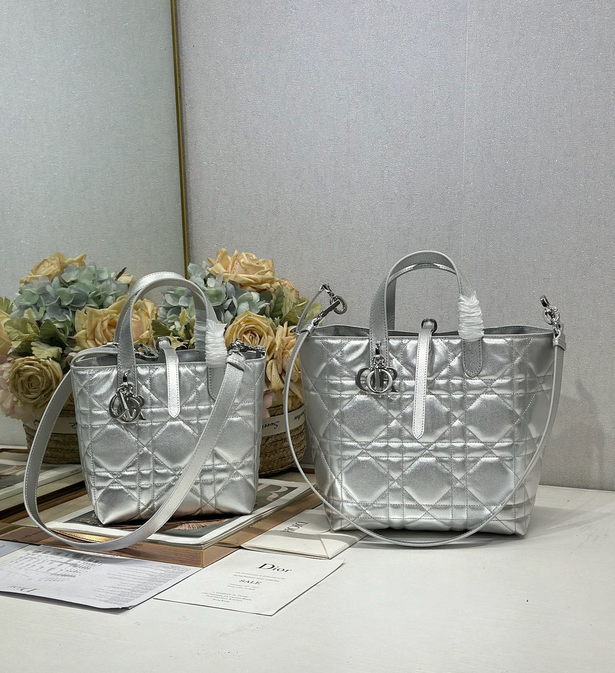 CD Toujours Tote Bag Metallic Sliver-Tone Calfskin 288535