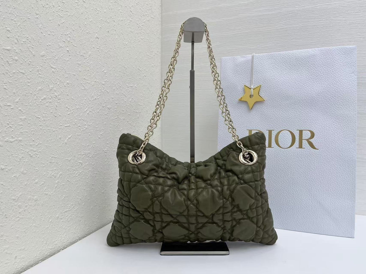 CD Small Cannage Quilted Tote Bag Olive Green Cowhide 158911