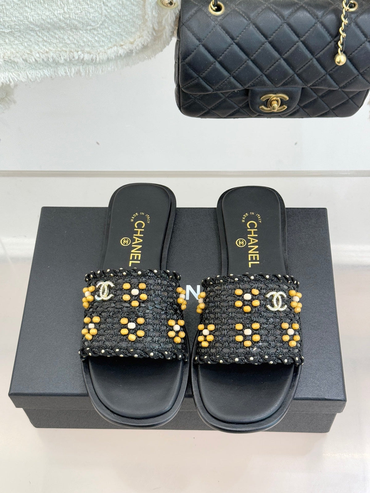 CC 2026 Flat Sandals Tweed Woven Sheepskin