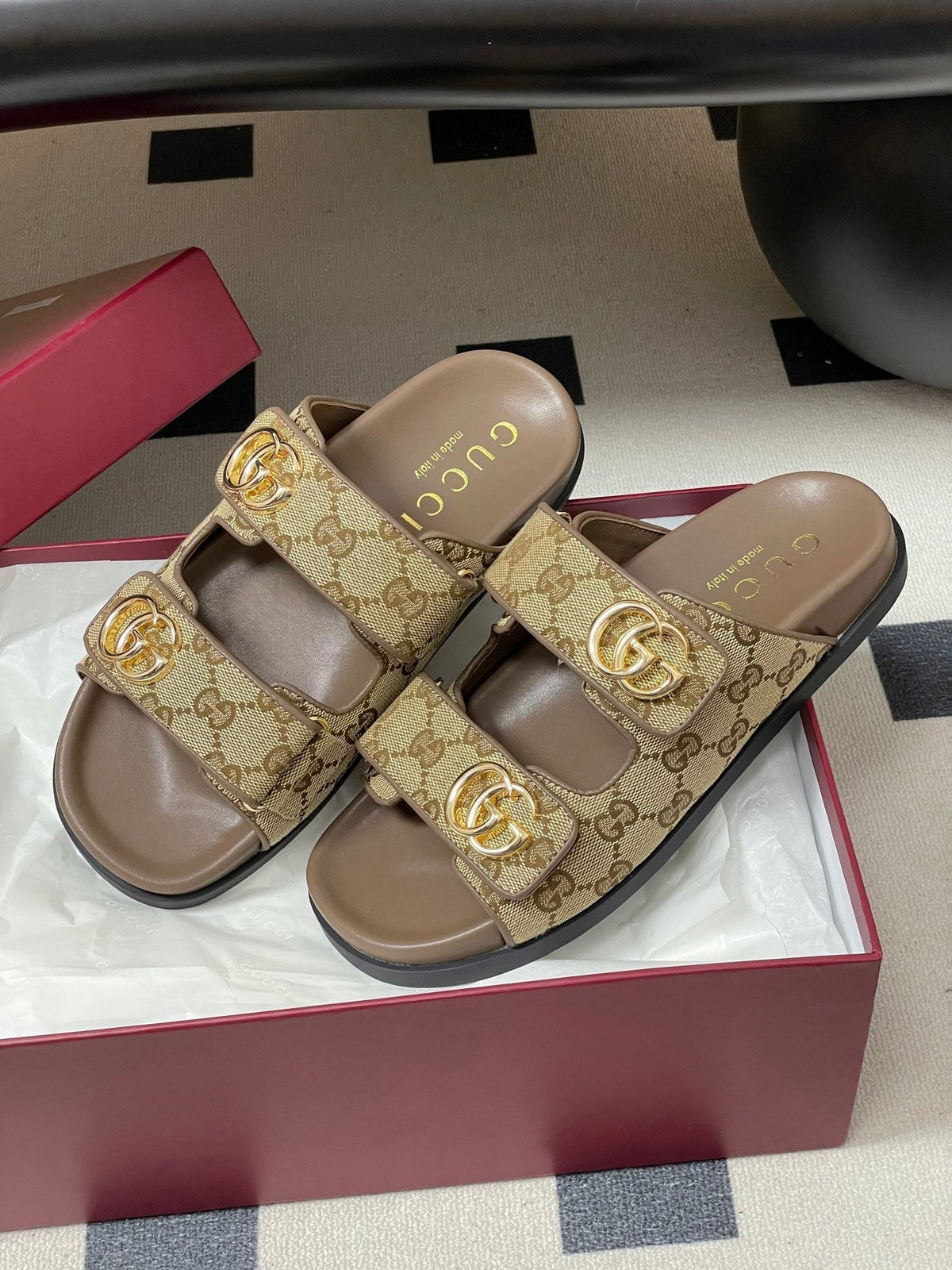 GG 26ss Platform Slippers Monogram Canvas Sheepskin