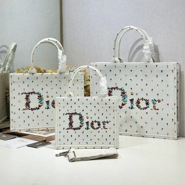 Dior 2026 Book Tote Bag White Multicolor Revolution Flowers Embroidery Canvas 288406