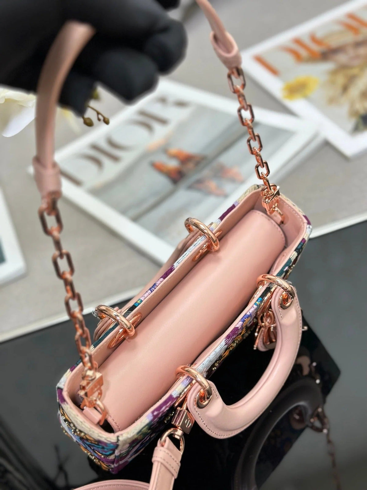 Dior 2026 Embroidered Floral Bag 22cm Pink Mix Colors Fabric Leather 158576