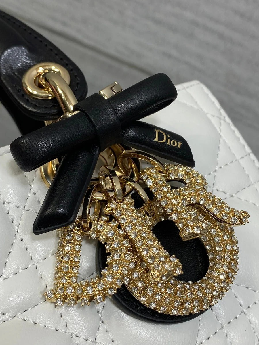 Dior 2026 Lady Bow D-Joy Bag White Black Lambskin With Diamond Hardware 284141