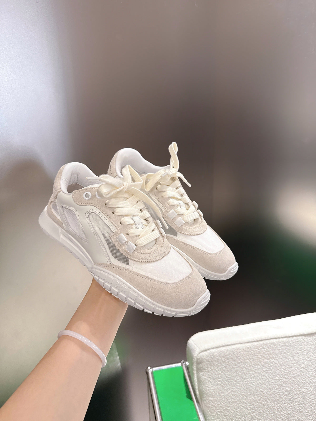 CD Tech Sneakers White Light Pale Taupe Cowhide Mesh Suede 562673