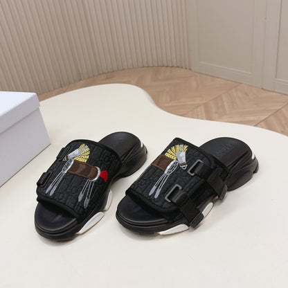 CD 26s  Platform Slippers 35 Black Canvas Lambskin 643808