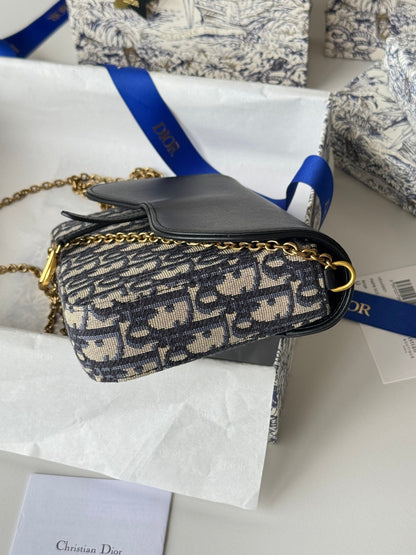 CD S5907CNKO Medium Saddle Pouch with Chain 21.5cm Blue Jacquard Cowhide GHW