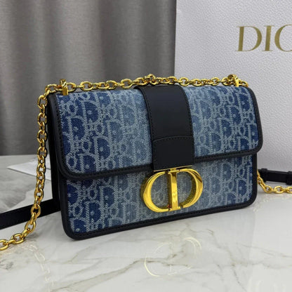 Dior 2026 East-West Chain Handbag 25cm Blue Black Demin Calfskin