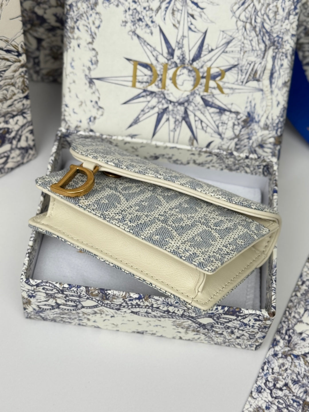 CD Saddle Lotus Wallet 10.5cm White Grey Jacquard GHW