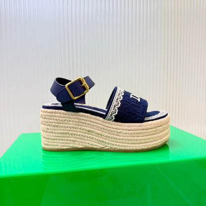 CD Dentelle Wedge Sandals Dark Blue Cotton 832466