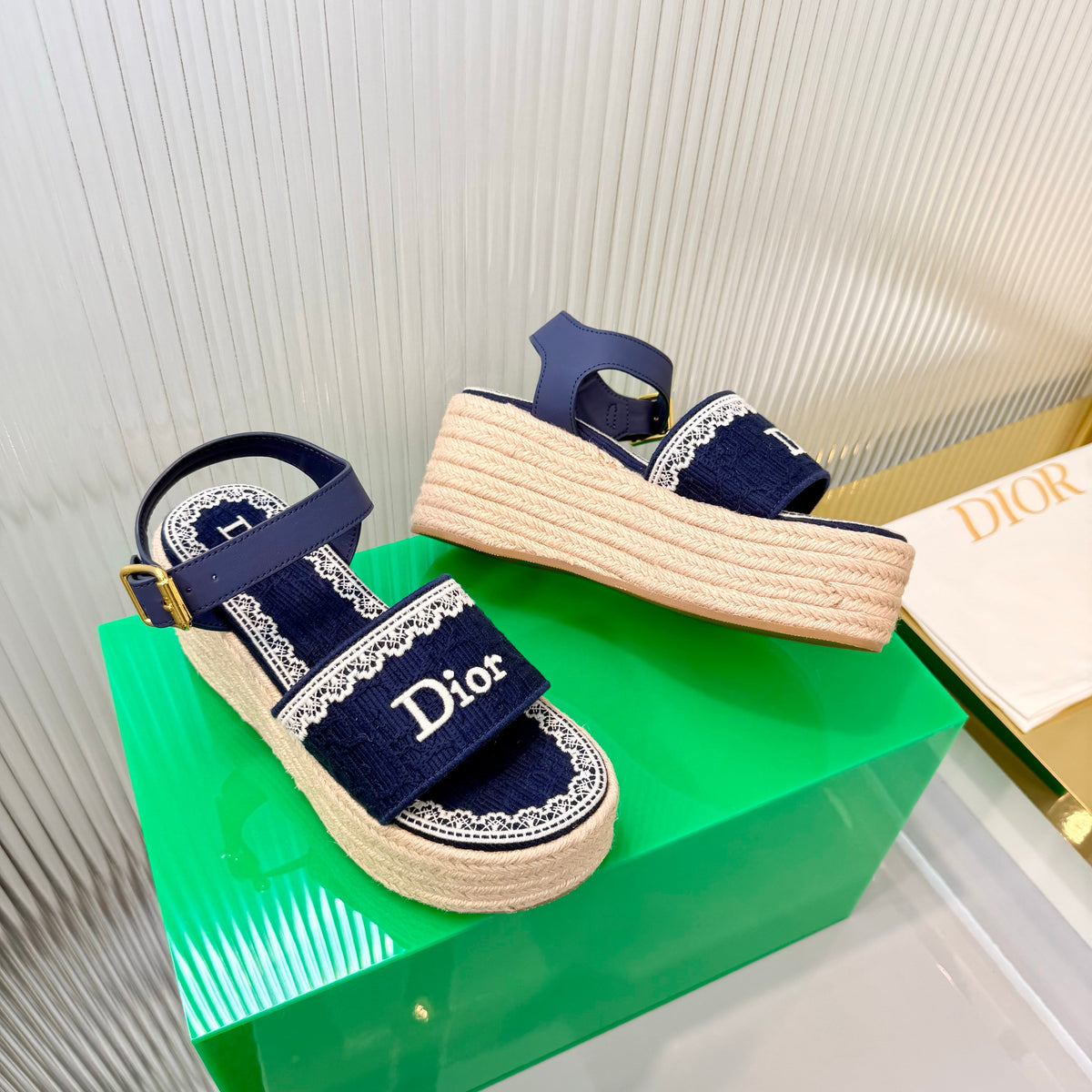 CD Dentelle Wedge Sandals Dark Blue Cotton 832466