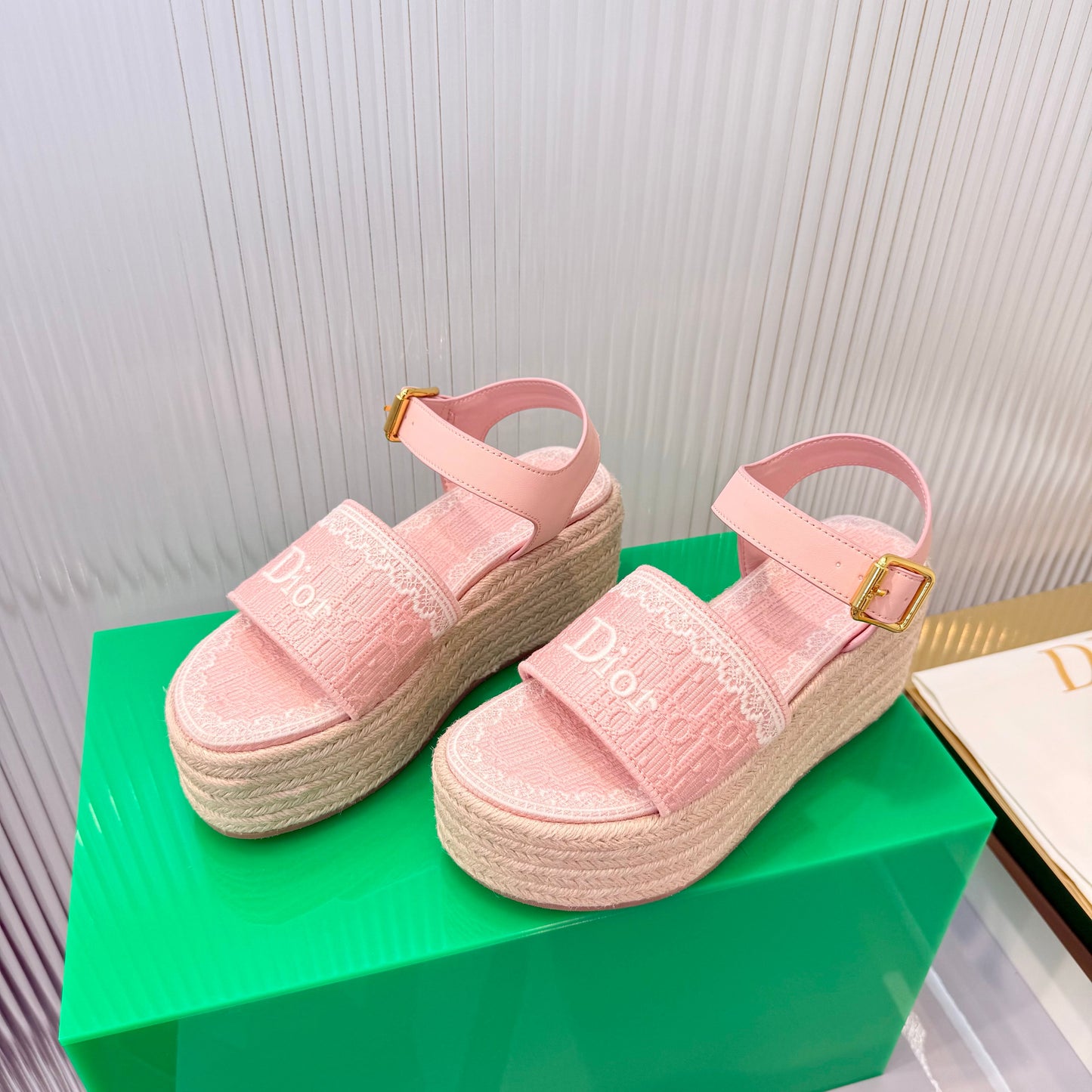 CD Dentelle Wedge Sandals Light Pink Cotton 832469