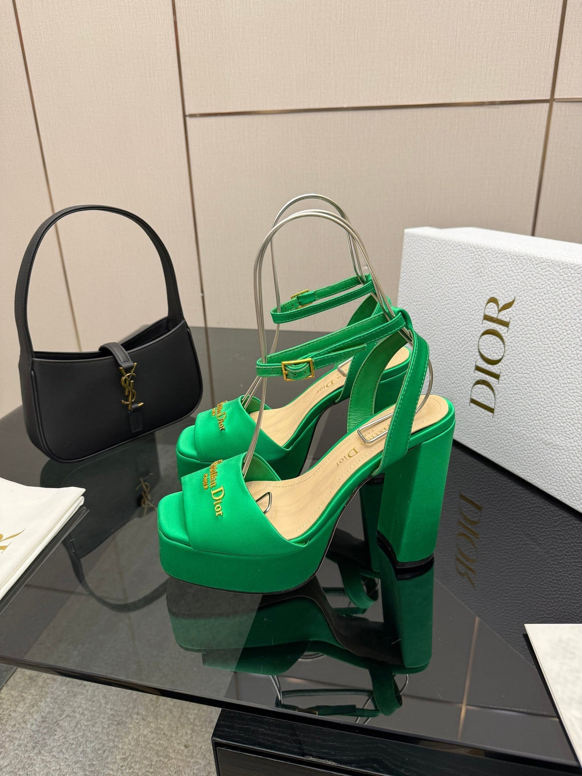 CD 26s High Heel Sandals 120 Mm In Green Satin