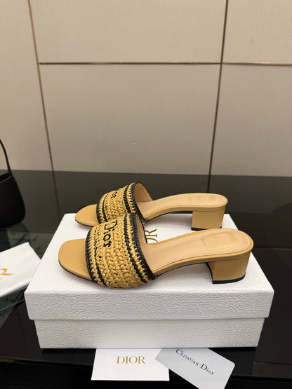 CD Dioriviera Woven Slides 4cm Beige Fabric Goatskin 828263