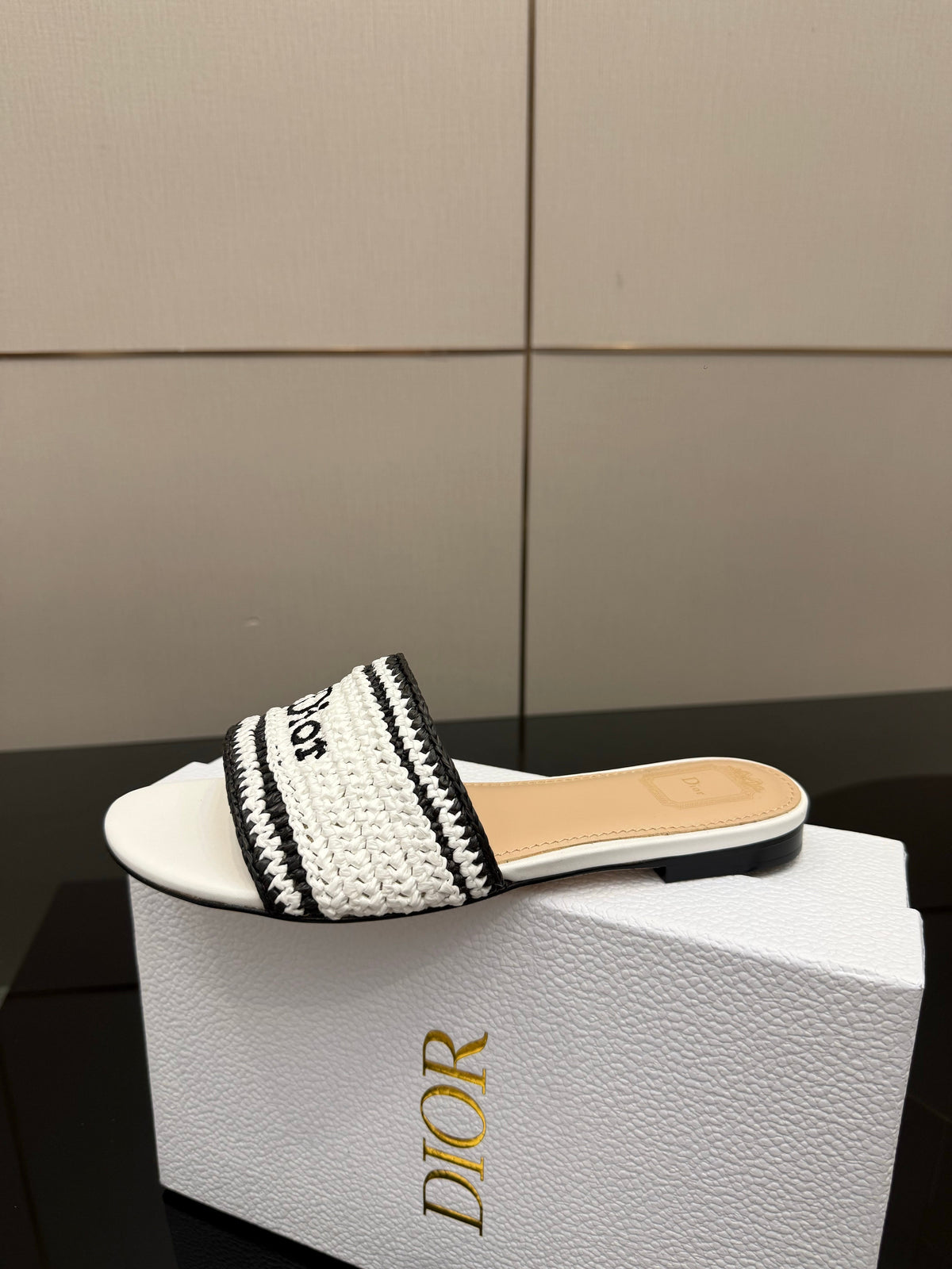 CD Dioriviera Woven Slides White Fabric Goatskin 828267