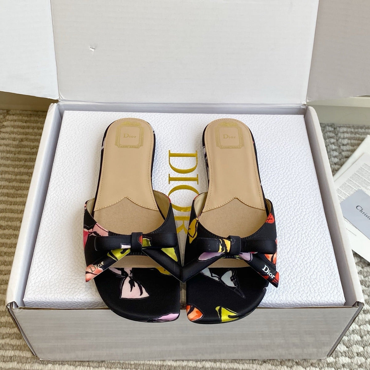 CD 26s Bow Kitten Flat Open Back Sandals Black Lambskin 909654