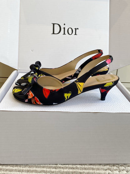 CD 26s Bow Kitten Heel Open Back Sandals Black Lambskin 909655