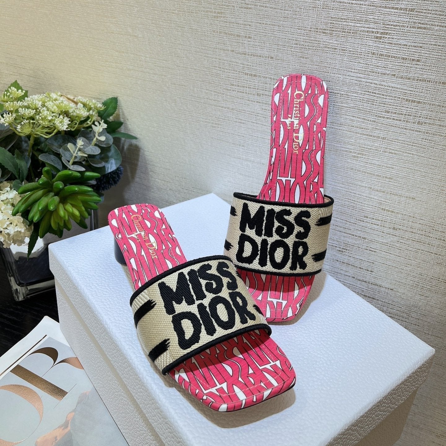 dway heeled slide 35 embroidered cotton red miss cd alllover motif