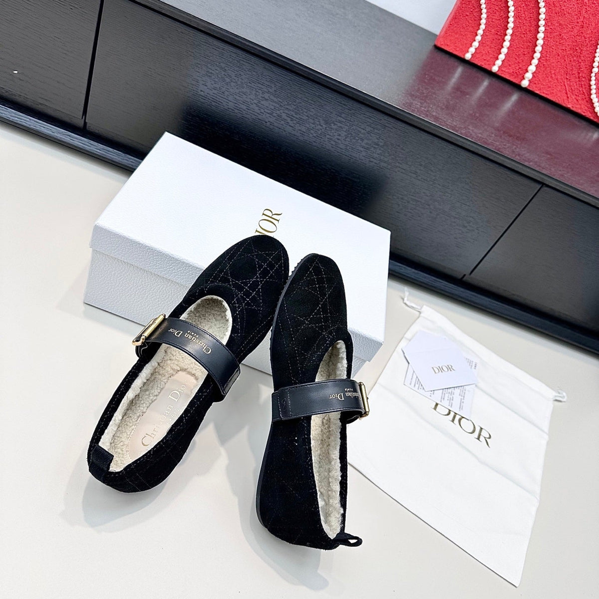 CD 26s Frost Ballet Flat In Black Cannage Suede And Calfskin