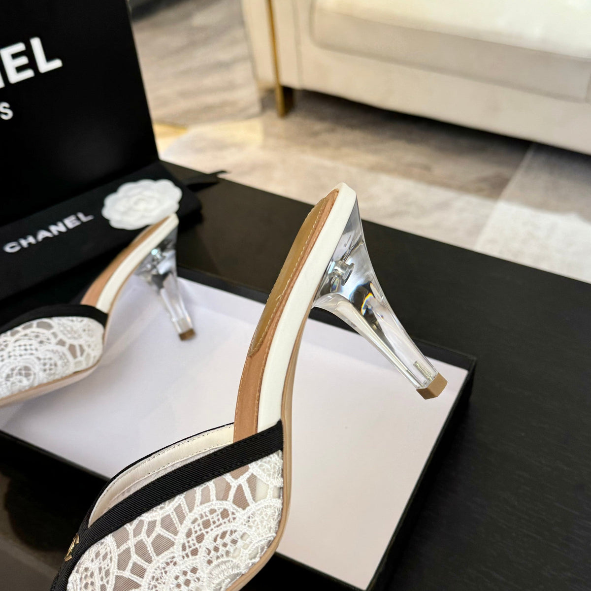 Chanel 2026 Mule 70mm White Black Lace Leather 700610
