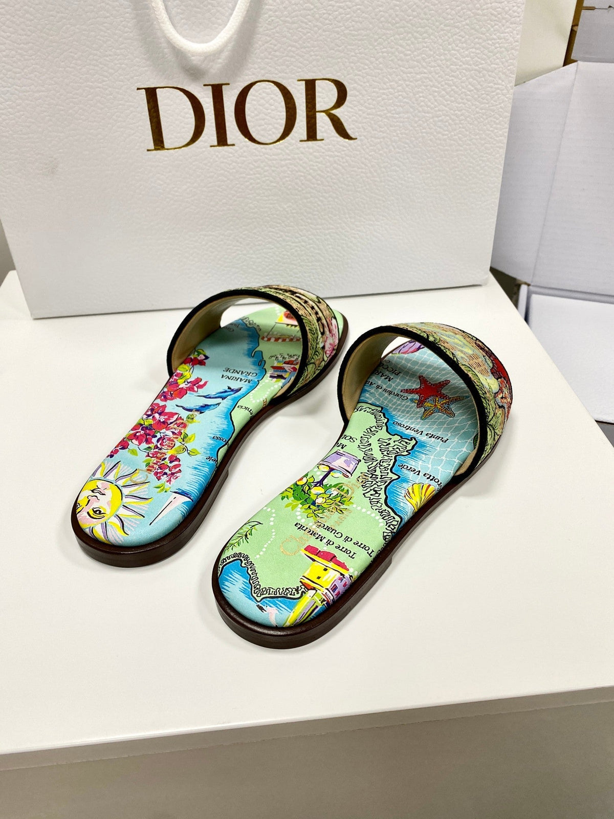CD 26s Embroidered Sandals Blue Green Multicolor Canvas Leather 683008