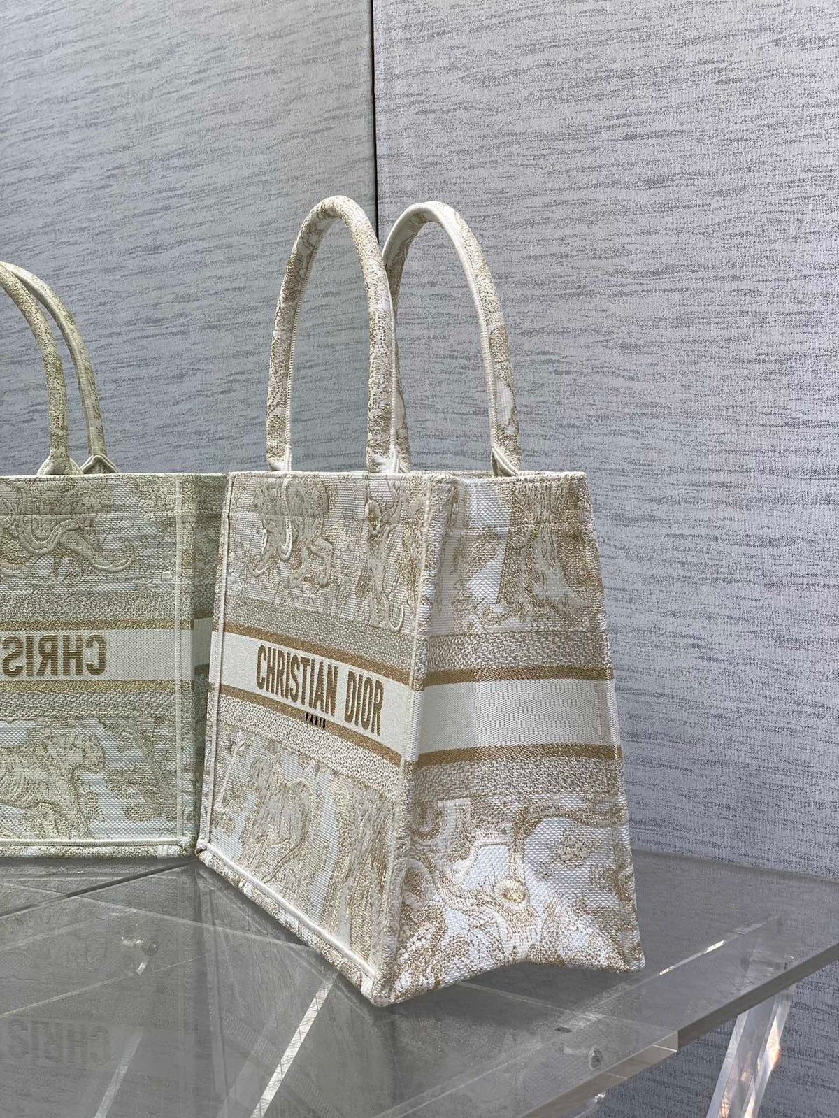CD Medium Dior Book Tote Tiger Motif White Beige Cotton