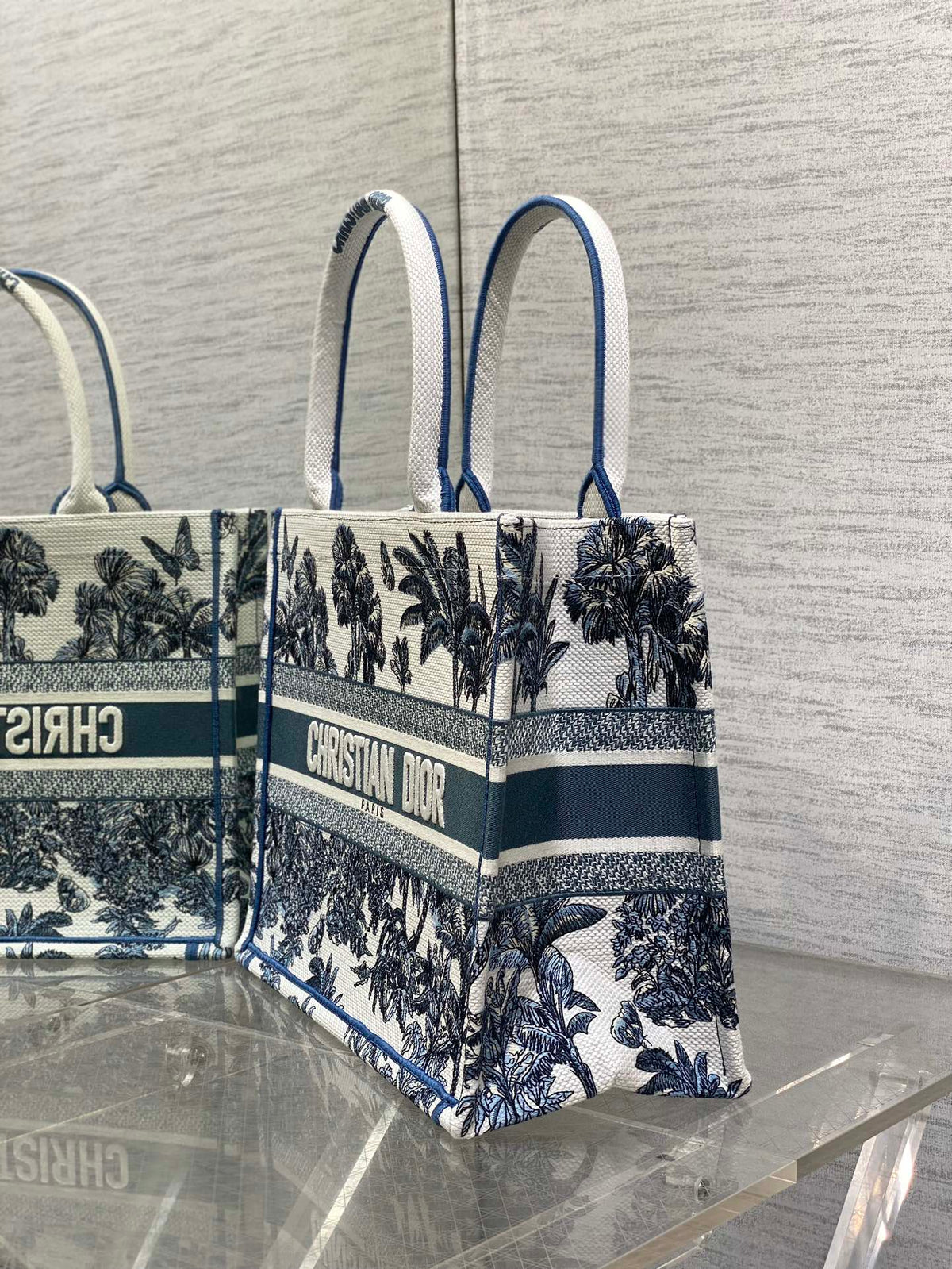 CD Medium Dior Book Tote Tropical Pattern Slate Blue White Cotton
