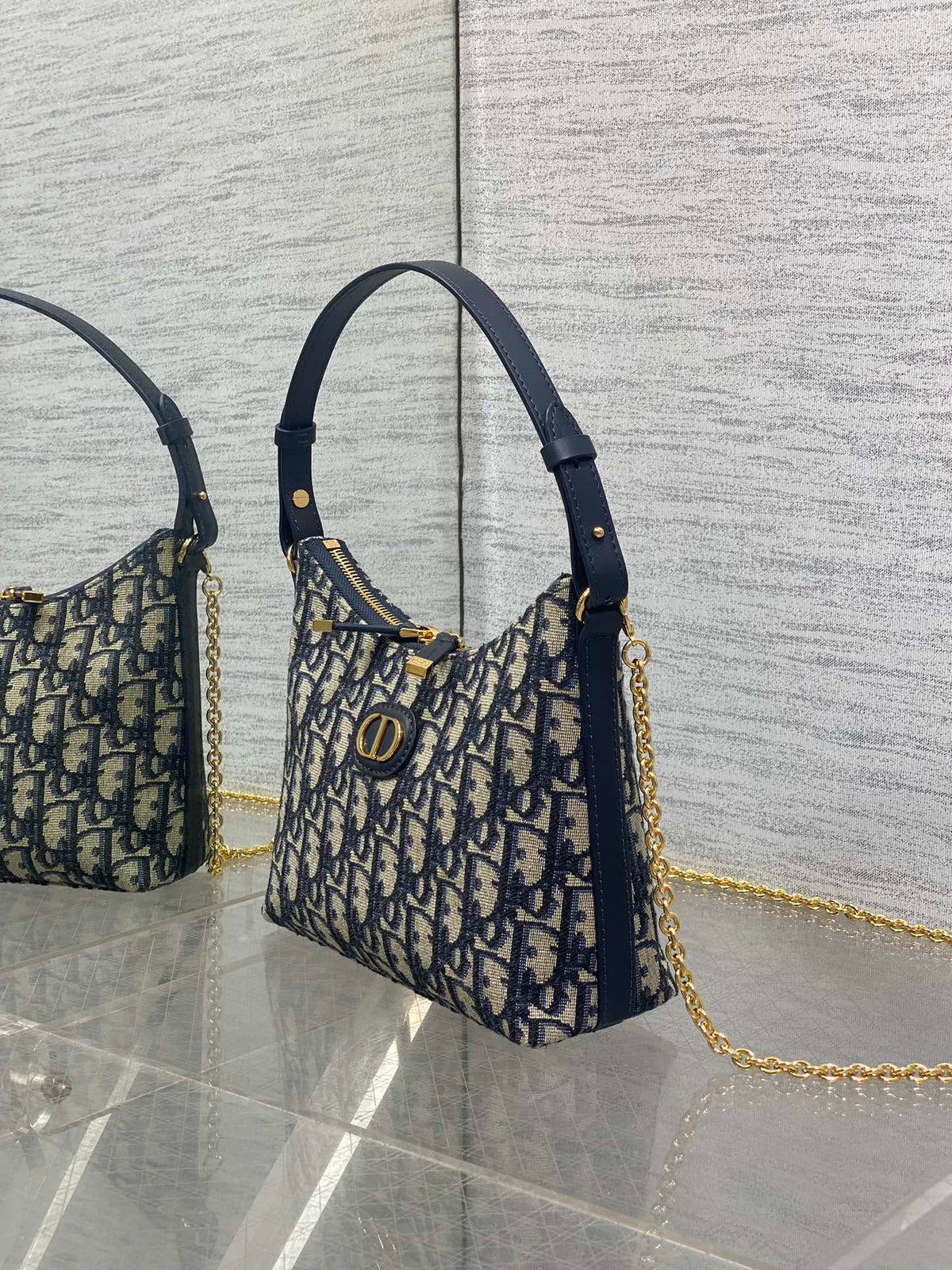 Dior 2025 Bag 19cm Navy Blue mix Beige Oblique Fabric mix Leather 272830