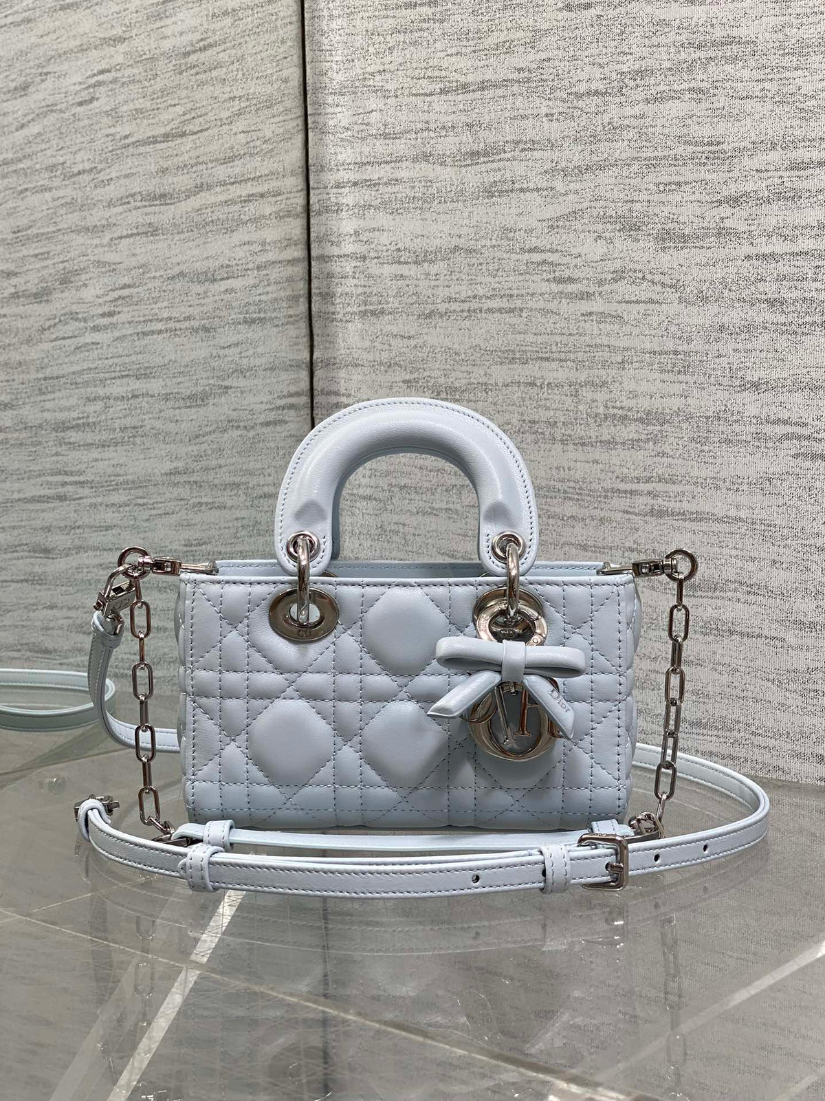 Dior 2026 Bow D-Joy Micro Bag 16cm Glacier Blue Lambskin