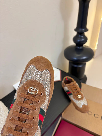 GG 26 Casual Sneakers Brown Cowhide Suede Rhinestones 627230