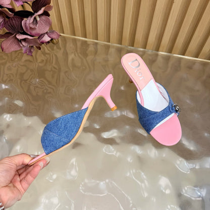 CD Half-Length Mule Heels Blue Pink Denim Leather 884812