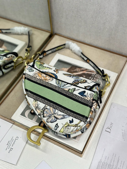CD Saddle Bag 25.5cm Black Green White Butterfly Embroidery Canvas