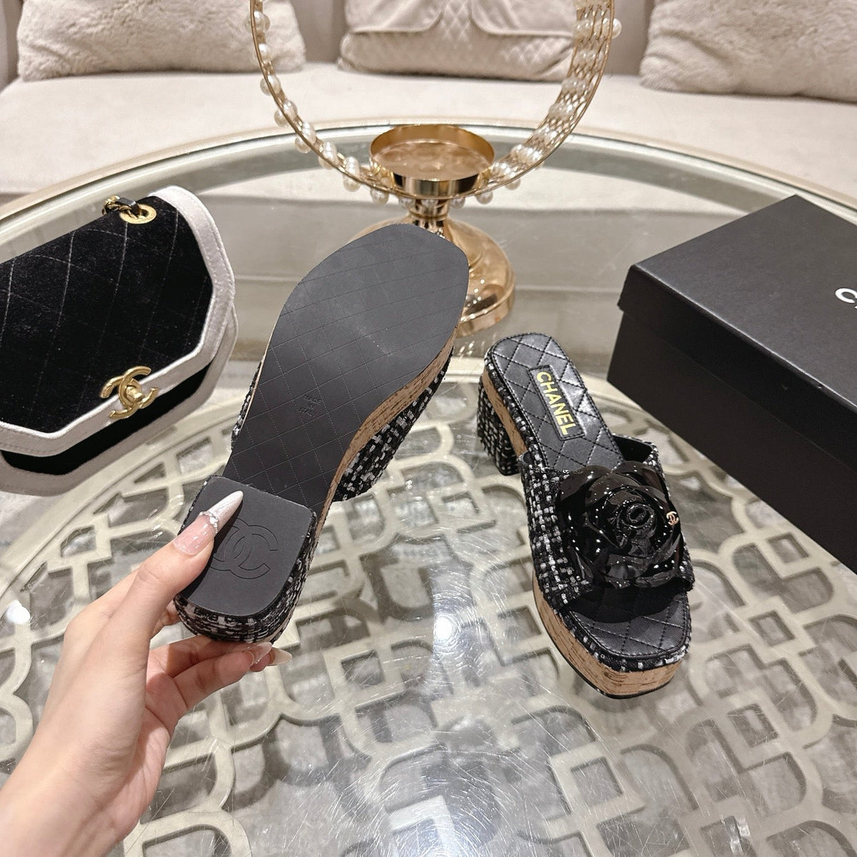 CC 26s Camellia Platform Slippers 65 Black White Tweed Leather 627055