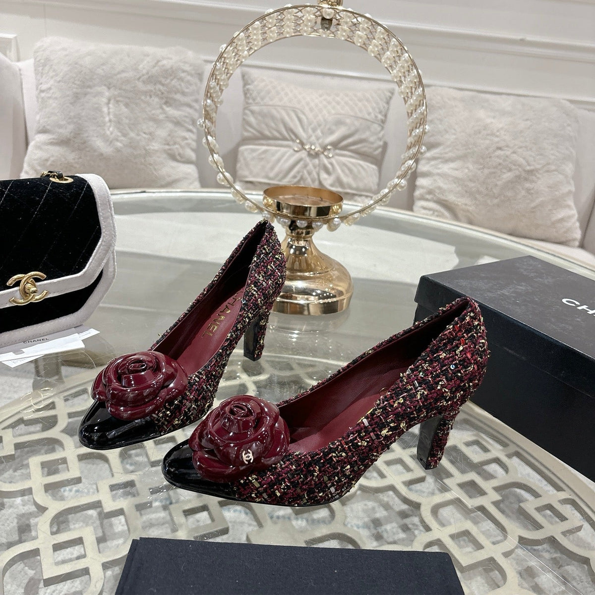 CC 26s High Heels Pump 85 Burgundy Colorful Wool Fabric 627013