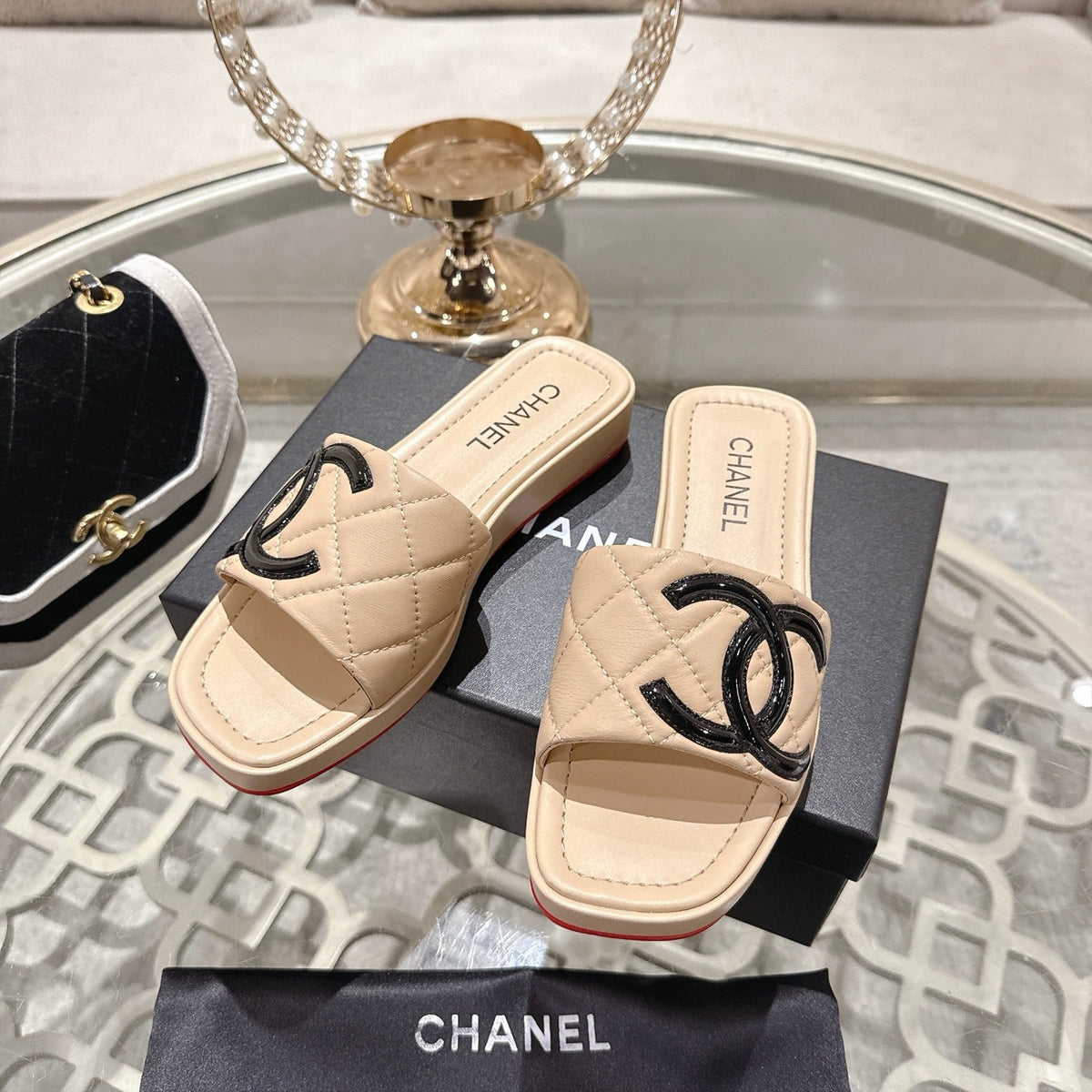 CC 26s Platform Slippers Beige Sheepskin 627070