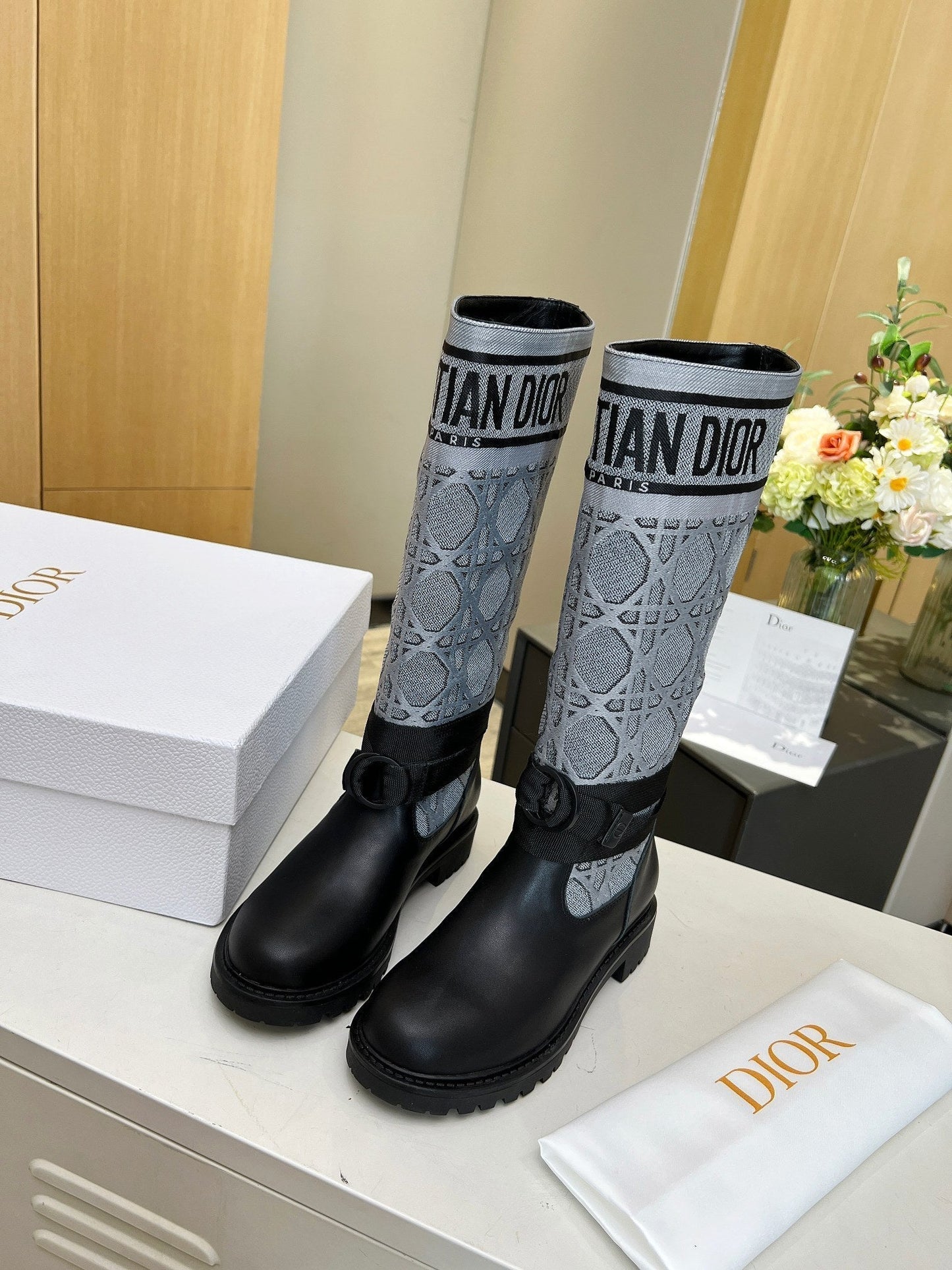 D-Major Boot In Grey Mix Black Denim Fabric And Lambskin 107717